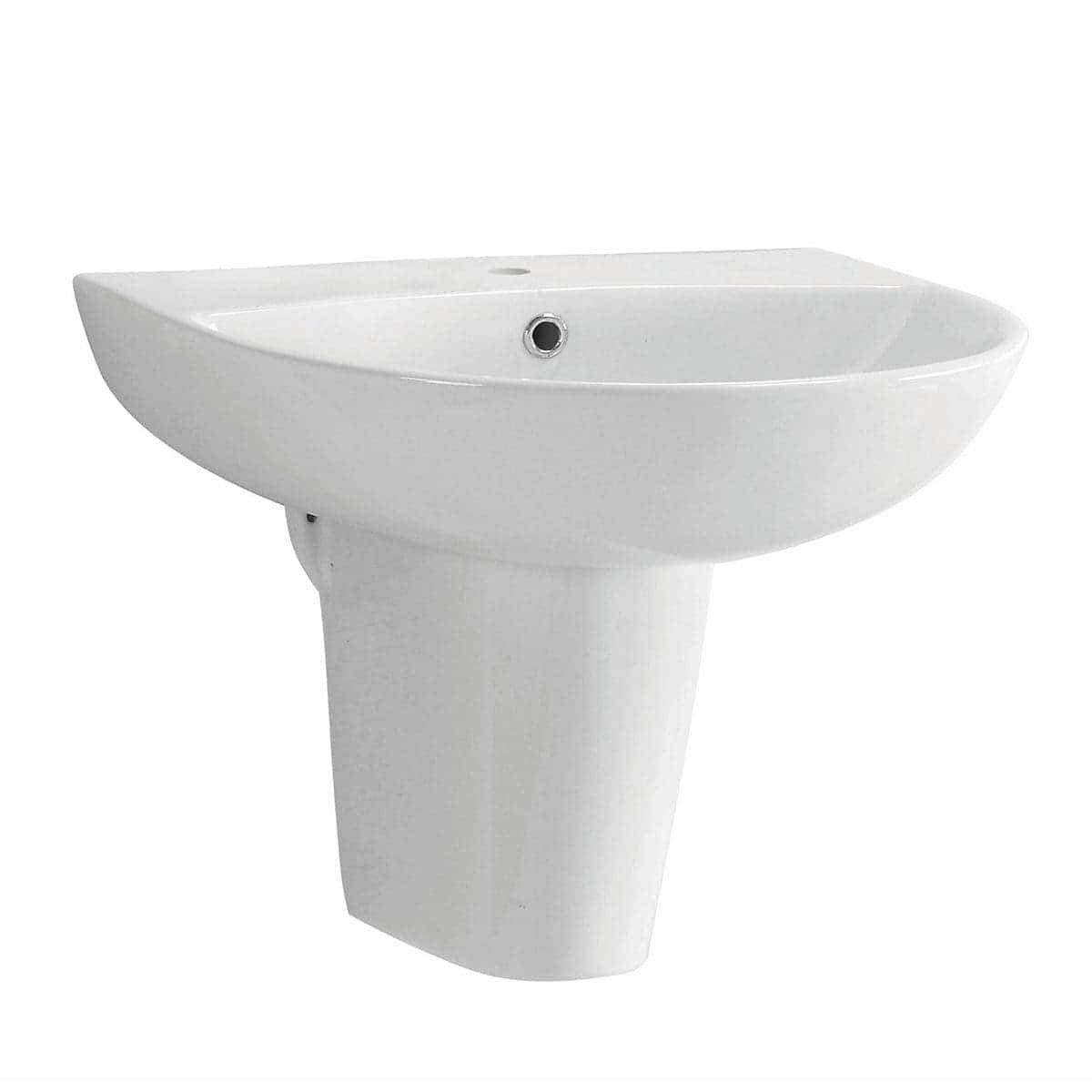 Sleek white bathroom sink with pedestal, perfect for modern bathrooms, featuring a smooth ceramic finish and a centrally positioned drain hole for efficient water flow and easy cleaning.