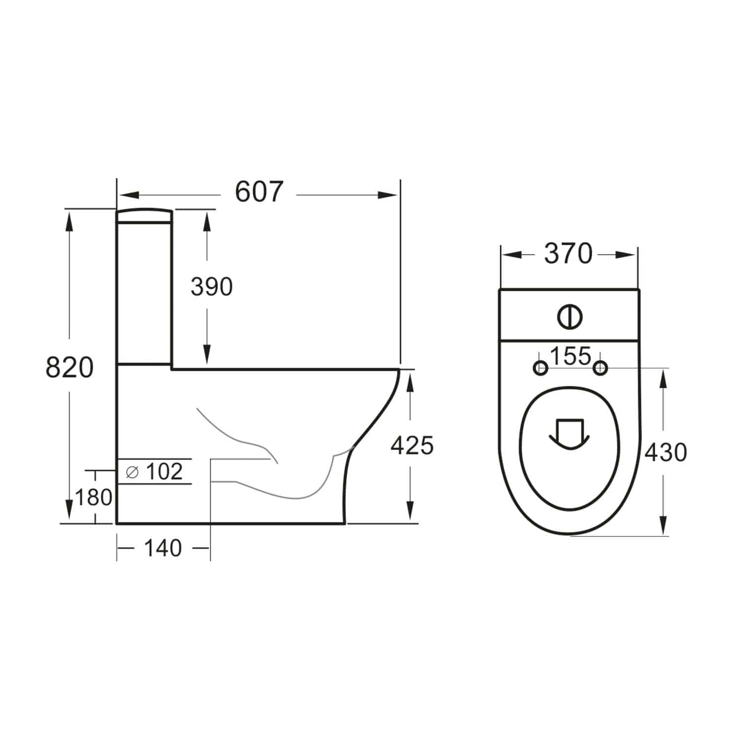 Modern toilet bathroom fixture with detailed measurements and technical drawing for bathroom renovation and design. Perfect for plumbing, bathroom upgrade, and space planning projects.