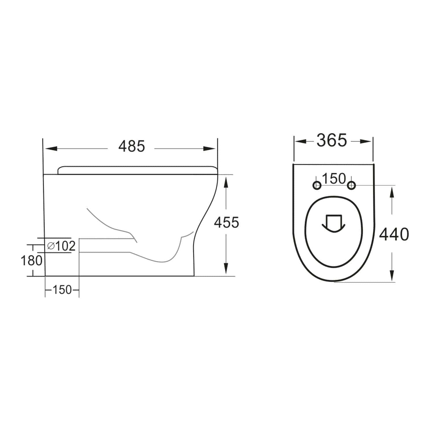 High-quality technical drawing of a modern toilet with detailed measurements for bathroom renovation and installation. Features dimensions for width, depth, and mounting points, ideal for bathroom design planning.