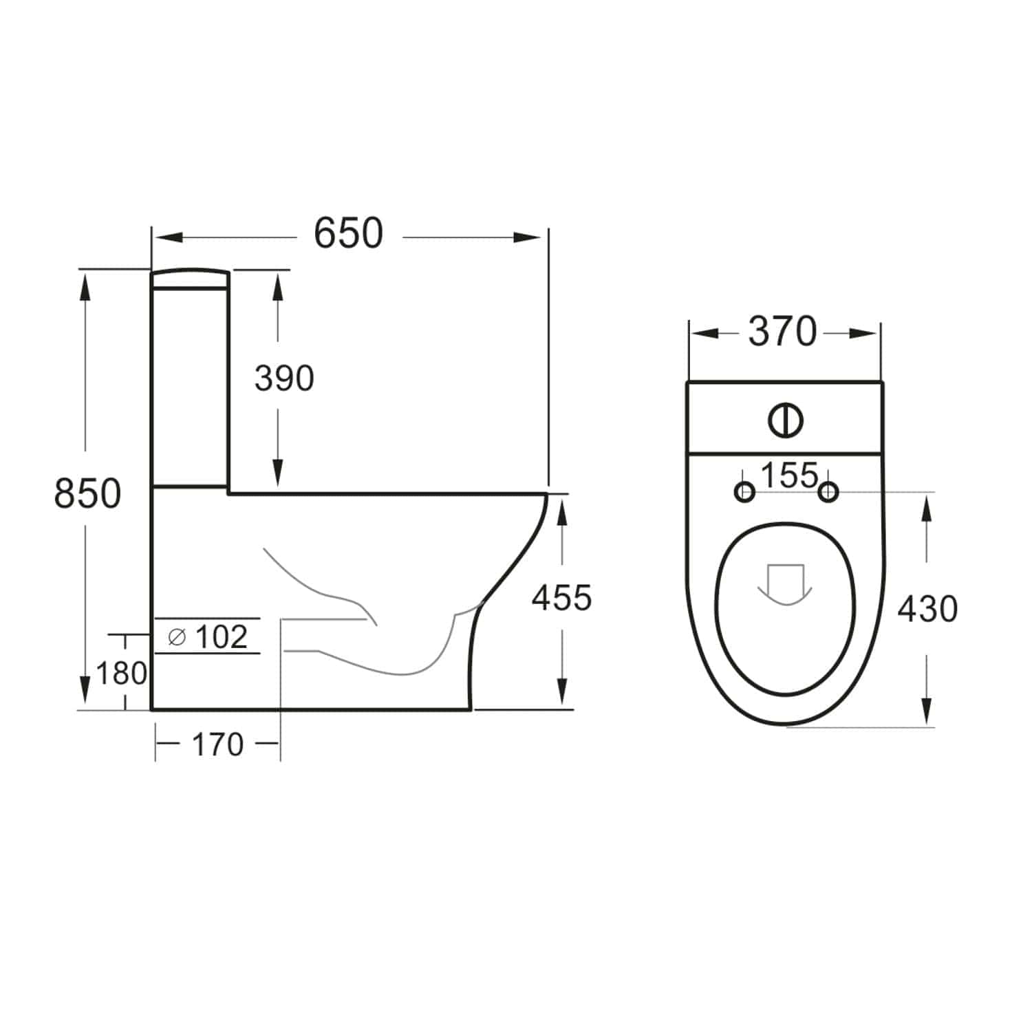 High-quality technical drawing of a modern toilet with detailed dimensions, suitable for bathroom design and renovation projects. Features measurements for installation and planning.