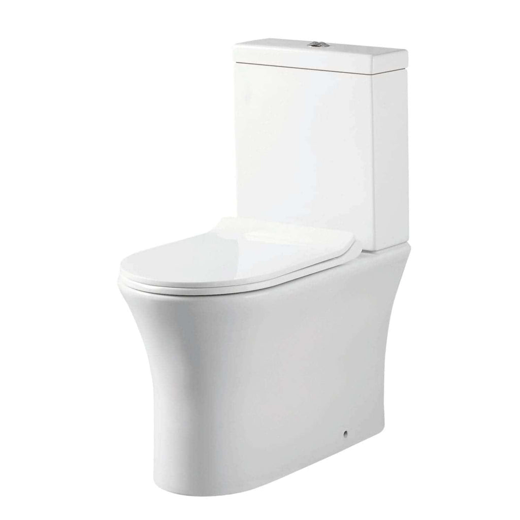 Sleek white modern close-coupled toilet with dual flush system, ideal for contemporary bathrooms and eco-friendly water saving. Perfect for stylish bathroom installations.