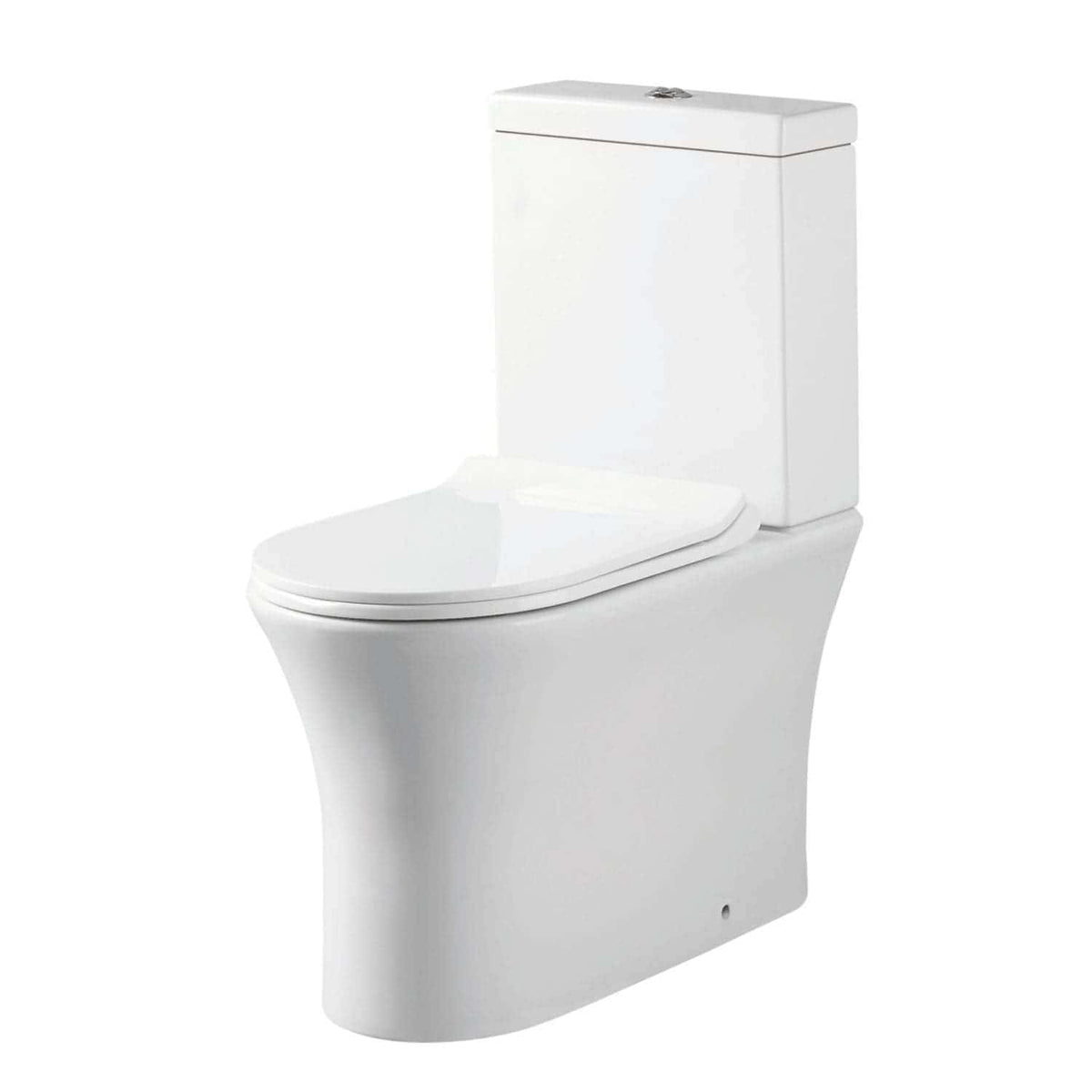Sleek white modern close-coupled toilet with dual flush system, ideal for contemporary bathrooms and eco-friendly water saving. Perfect for stylish bathroom installations.