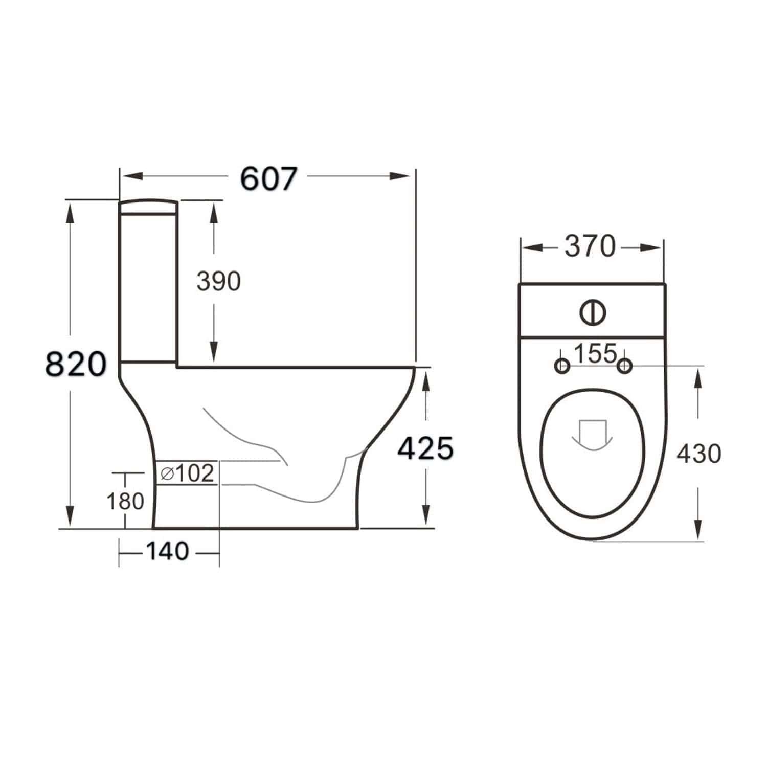 High-quality technical drawing of a modern bathroom toilet with detailed measurements and dimensions for installation and design planning.