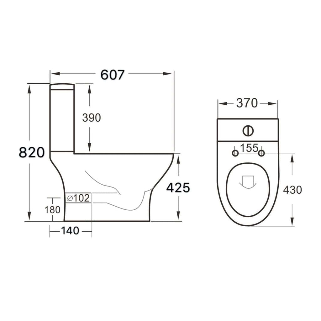High-quality technical drawing of a modern bathroom toilet with detailed measurements and dimensions for installation and design planning.