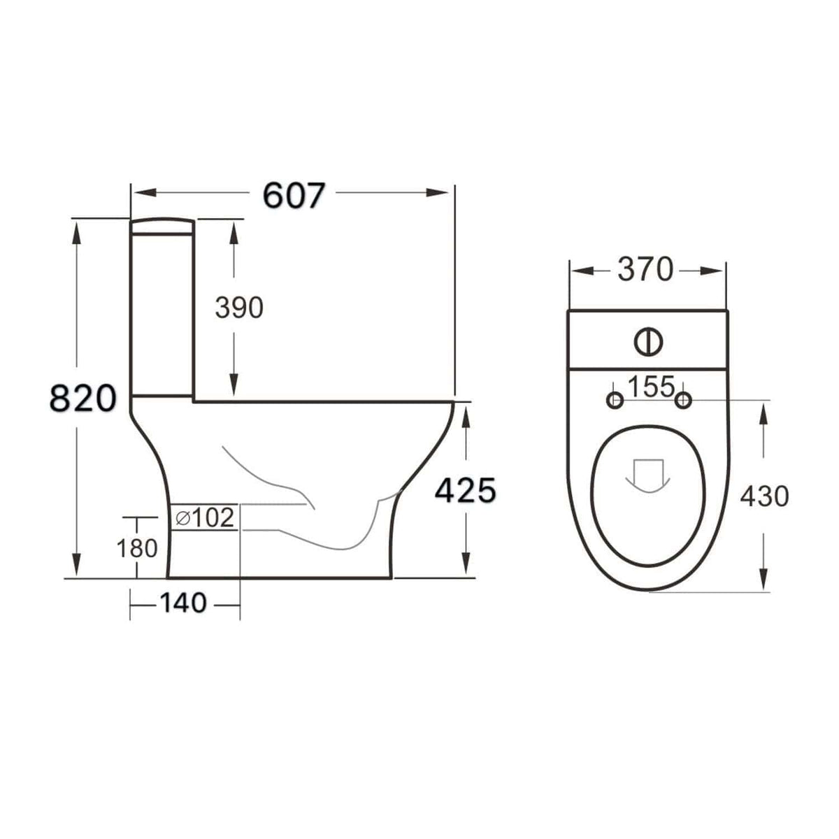 High-quality technical drawing of a modern bathroom toilet with detailed measurements and dimensions for installation and design planning.