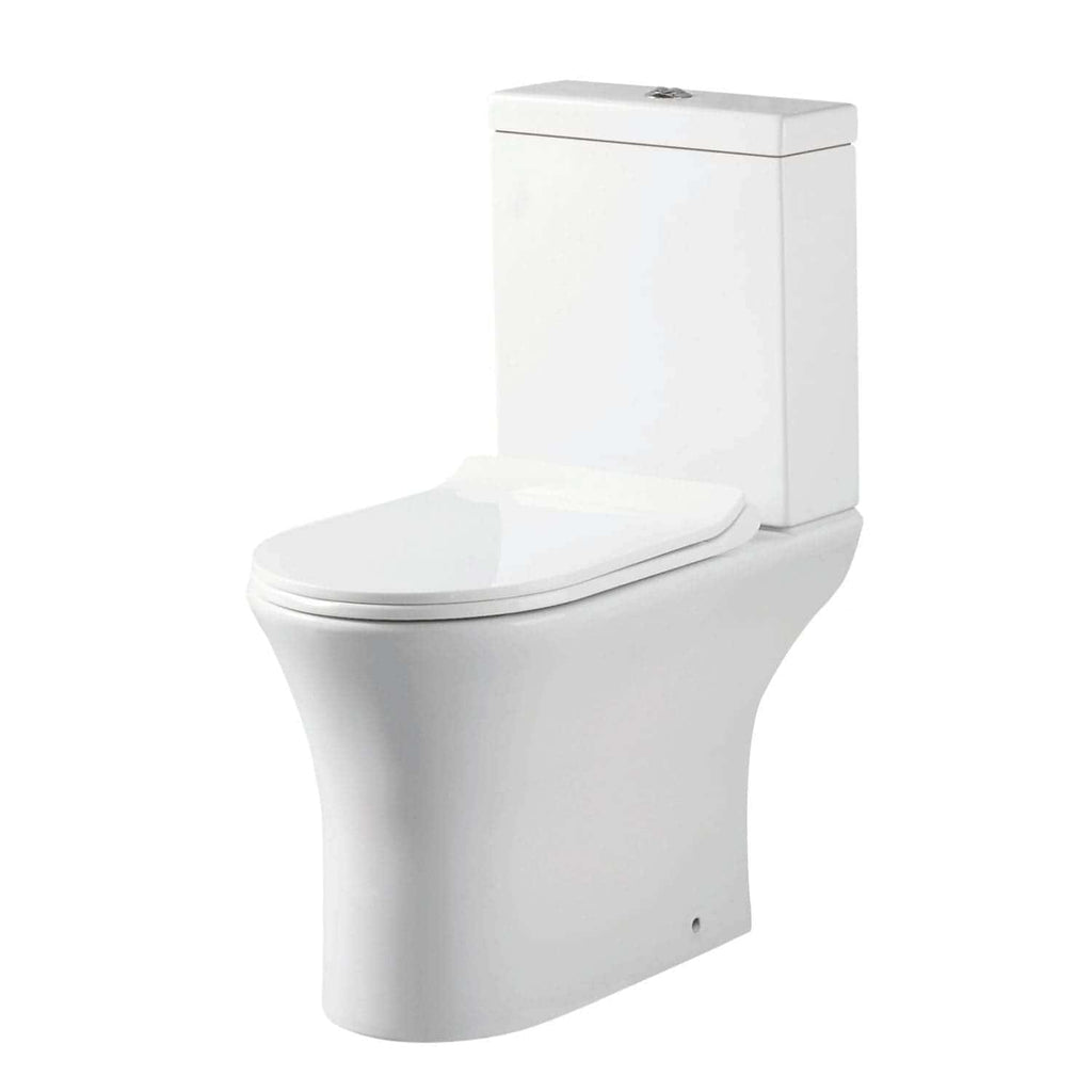 Modern white close-coupled toilet with sleek design, ideal for contemporary bathrooms, featuring a dual-flush system for water efficiency.