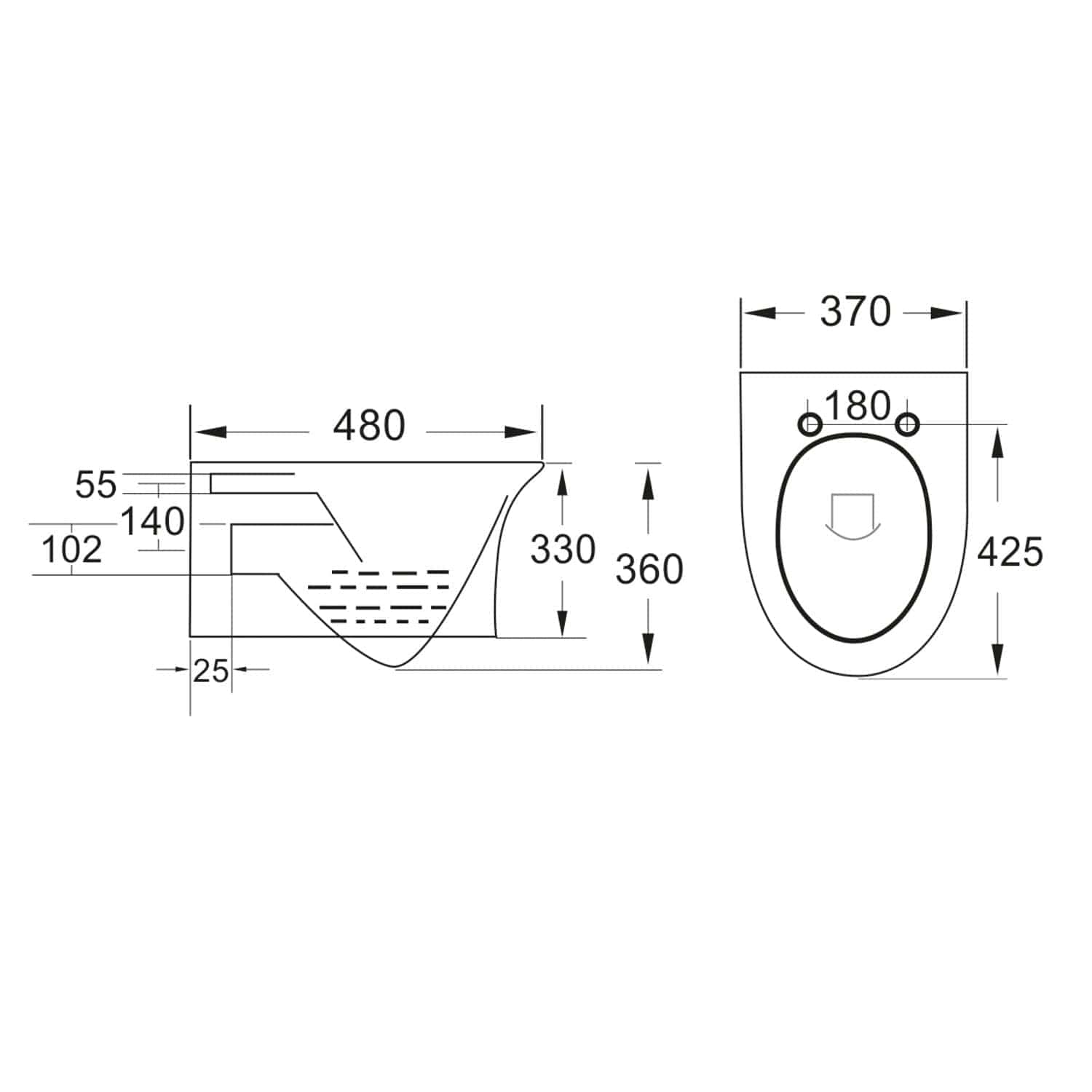 Elegant modern toilet with detailed measurements and specifications, ideal for bathroom renovation projects and interior design, showcased in technical blueprint style.