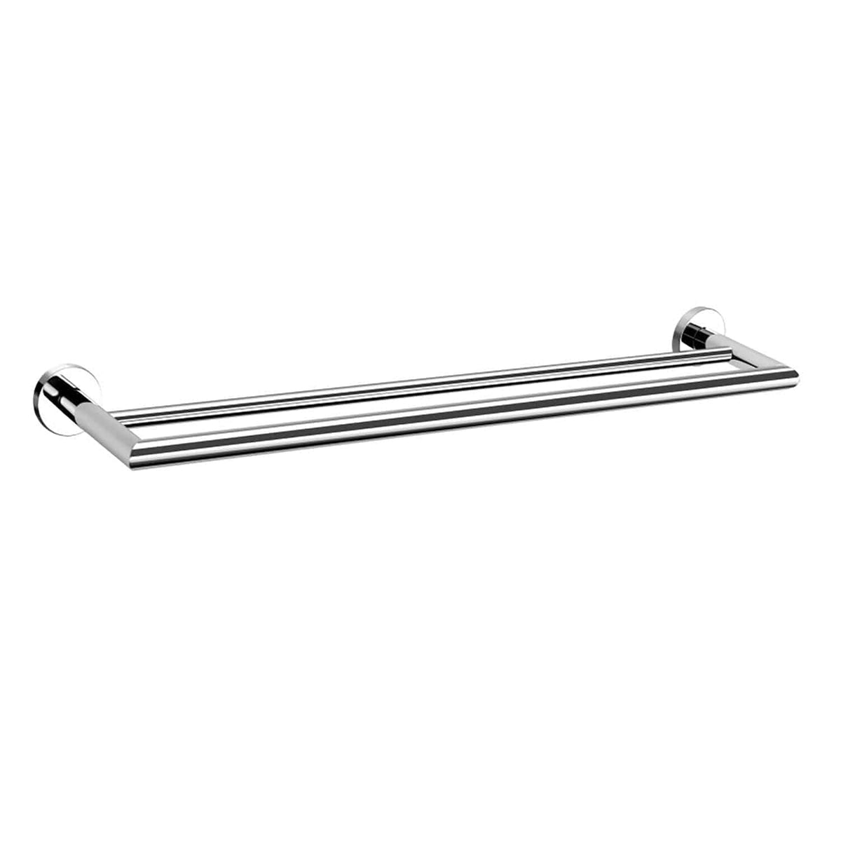 Polished chrome bathroom towel rail, modern design, double bar towel holder, wall-mounted bathroom accessories for towels and textiles, durable and sleek finish.