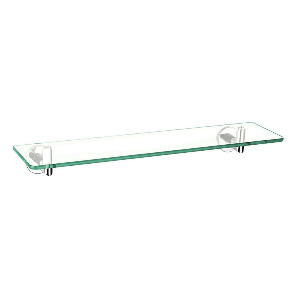 Slim glass bathroom shelf with chrome brackets for modern bathroom organisation and decor. Perfect for holding toiletries, shower gels, and accessories in a sleek, minimalist style.