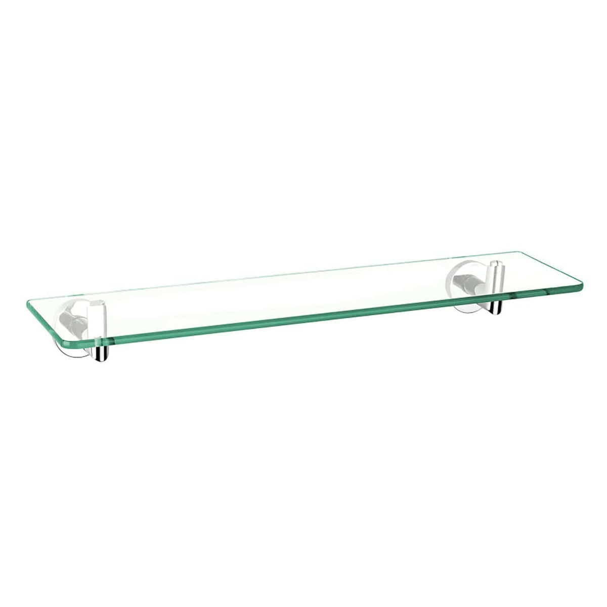 Slim glass bathroom shelf with chrome brackets for modern bathroom organisation and decor. Perfect for holding toiletries, shower gels, and accessories in a sleek, minimalist style.