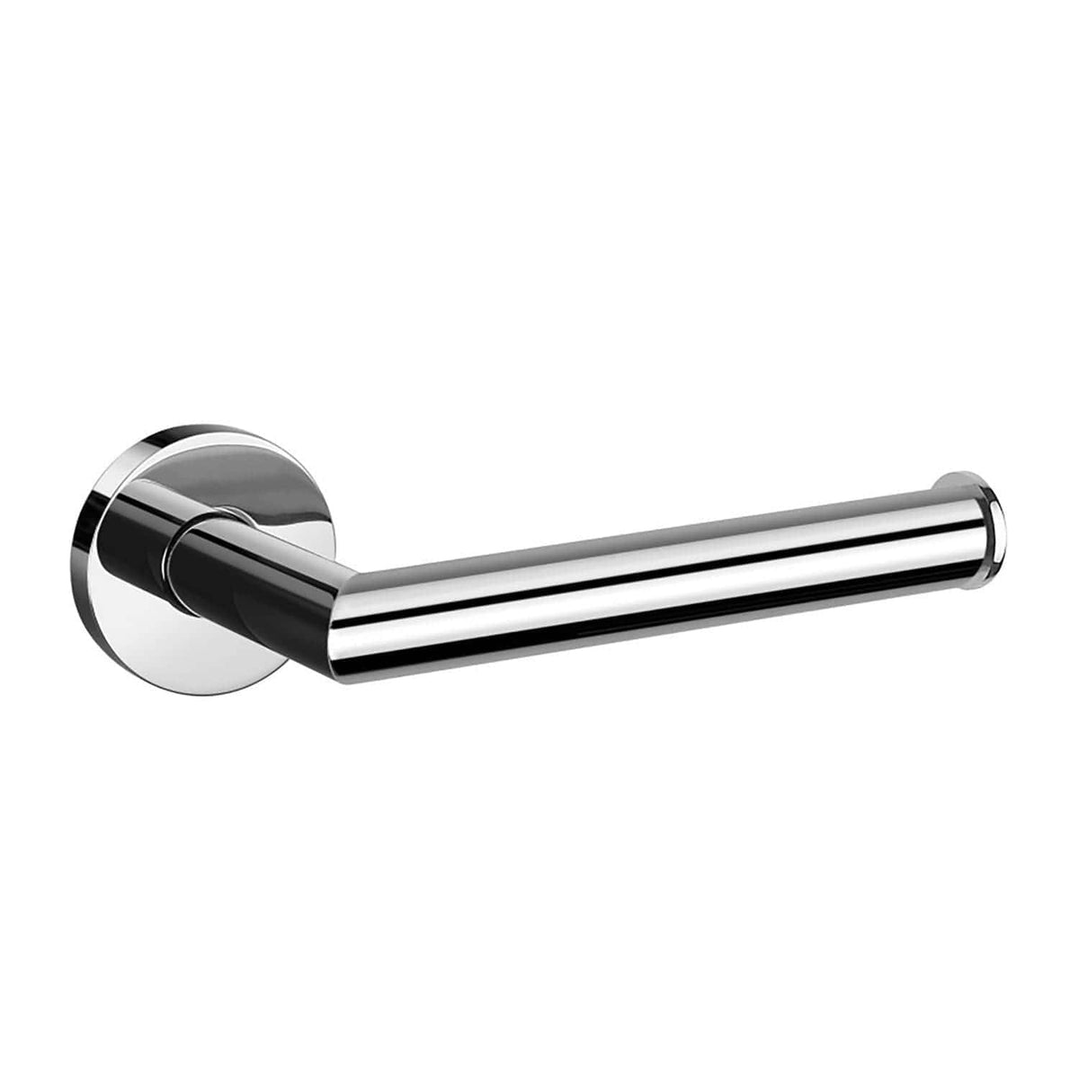 Shiny chrome bathroom toilet paper holder mounted on a white background, modern bathroom accessories, bathroom hardware, chrome finish.