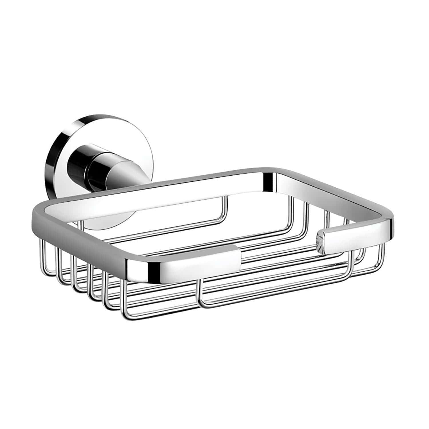 Shower soap dish holder in chrome finish, wall-mounted bathroom accessory, durable stainless steel design, ideal for shower rooms, promotes organised bathing space.