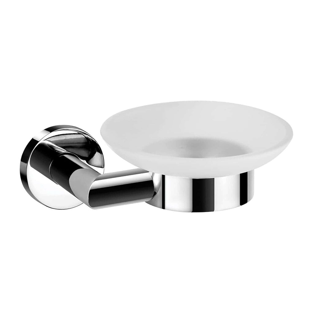 Chrome wall-mounted soap dish holder with a white ceramic tray, sleek modern design, perfect for contemporary bathrooms, high-quality bathroom accessories, durable and stylish.