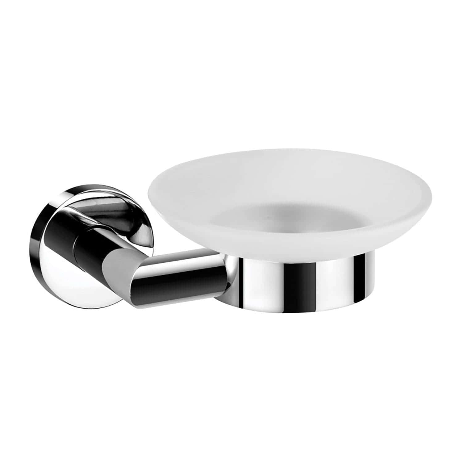 Chrome wall-mounted soap dish holder with a white ceramic tray, sleek modern design, perfect for contemporary bathrooms, high-quality bathroom accessories, durable and stylish.