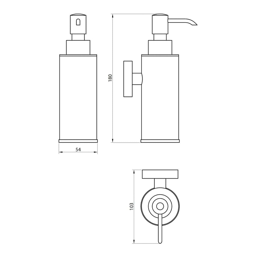 Sleek modern bathroom soap dispenser with detailed technical drawing and measurements, ideal for contemporary bathroom designs.