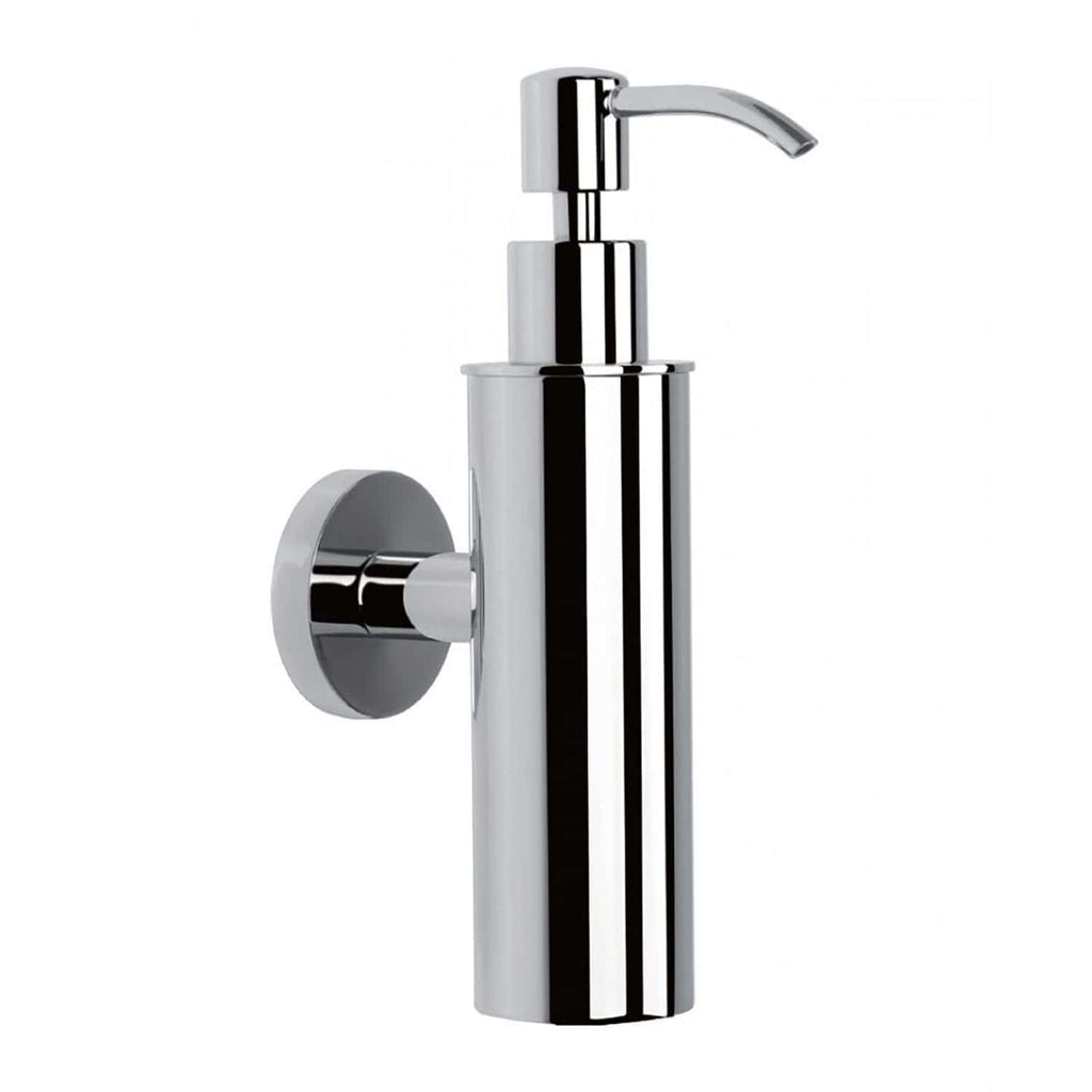 Sleek chrome bathroom soap dispenser mounted on the wall, ideal for modern bathroom decor. Durable and stylish, offers easy access to liquid soap, enhancing hygiene and convenience.