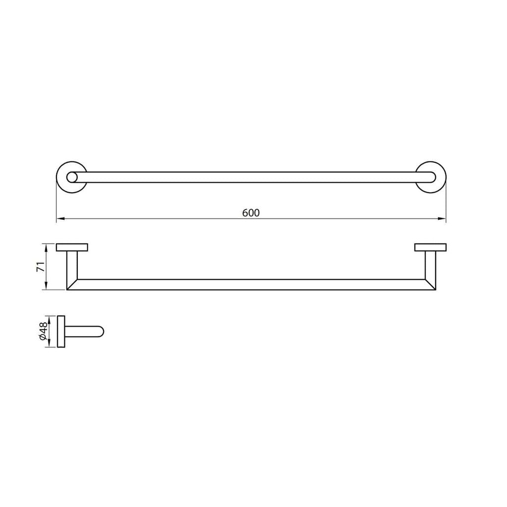 Polished chrome bathroom towel rail with 600mm width, 71mm height, and 48mm pipe diameter, ideal for modern bathroom decor and effective towel drying, designed by Bubly Bathrooms.