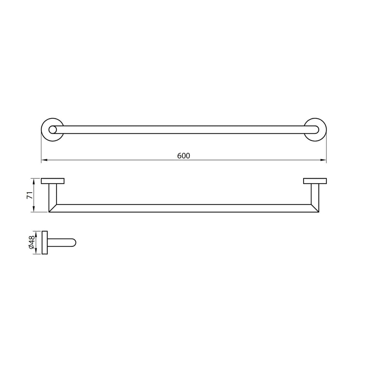 Polished chrome bathroom towel rail with 600mm width, 71mm height, and 48mm pipe diameter, ideal for modern bathroom decor and effective towel drying, designed by Bubly Bathrooms.