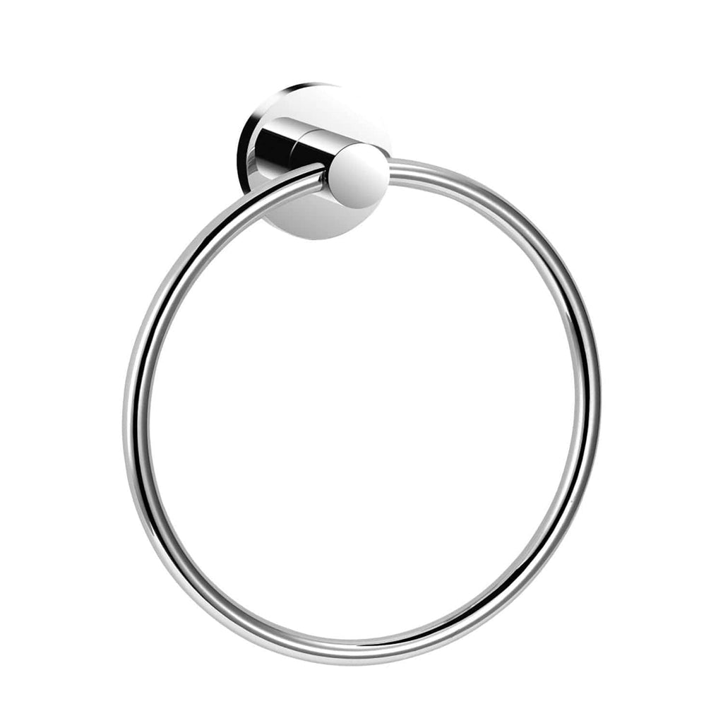 Shiny chrome towel ring mounted on a white background, modern bathroom accessory for towel organisation, durable and elegant design by Bubly Bathrooms.