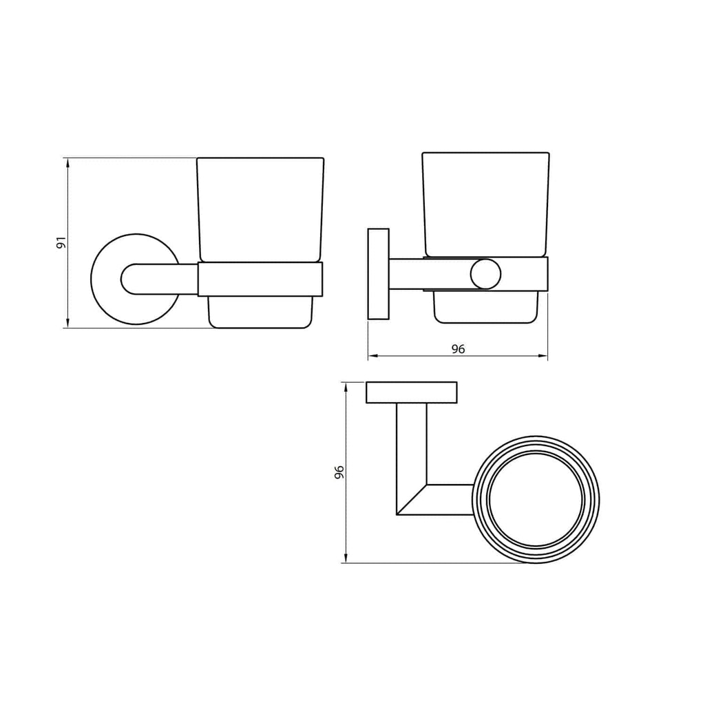 Slimline wall-mounted bathroom tumbler holder with bracket, designed for modern bathroom storage solutions. Features precise measurements for easy installation and stylish organisation.