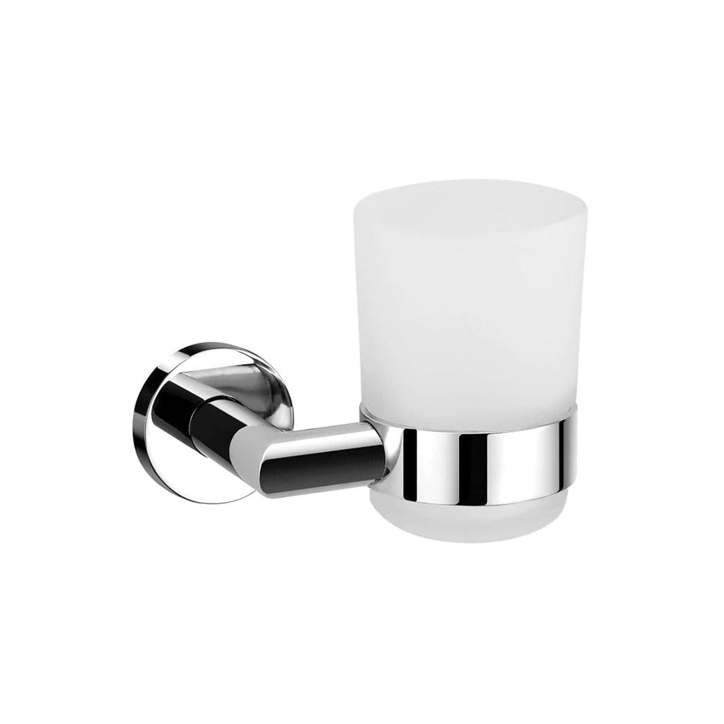 Sleek chrome bathroom toothbrush holder with frosted glass cup for modern bathroom décor. Perfect for stylish toothbrush storage and easy access. Durable and easy to clean bathroom accessory.