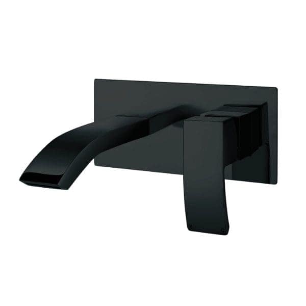 Sleek black wall-mounted bathroom faucet with modern design, suitable for contemporary bathroom renovation.