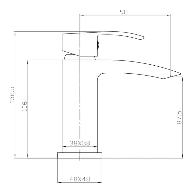 Sleek modern bathroom tap with precise measurements, ideal for stylish and functional bathroom upgrades.