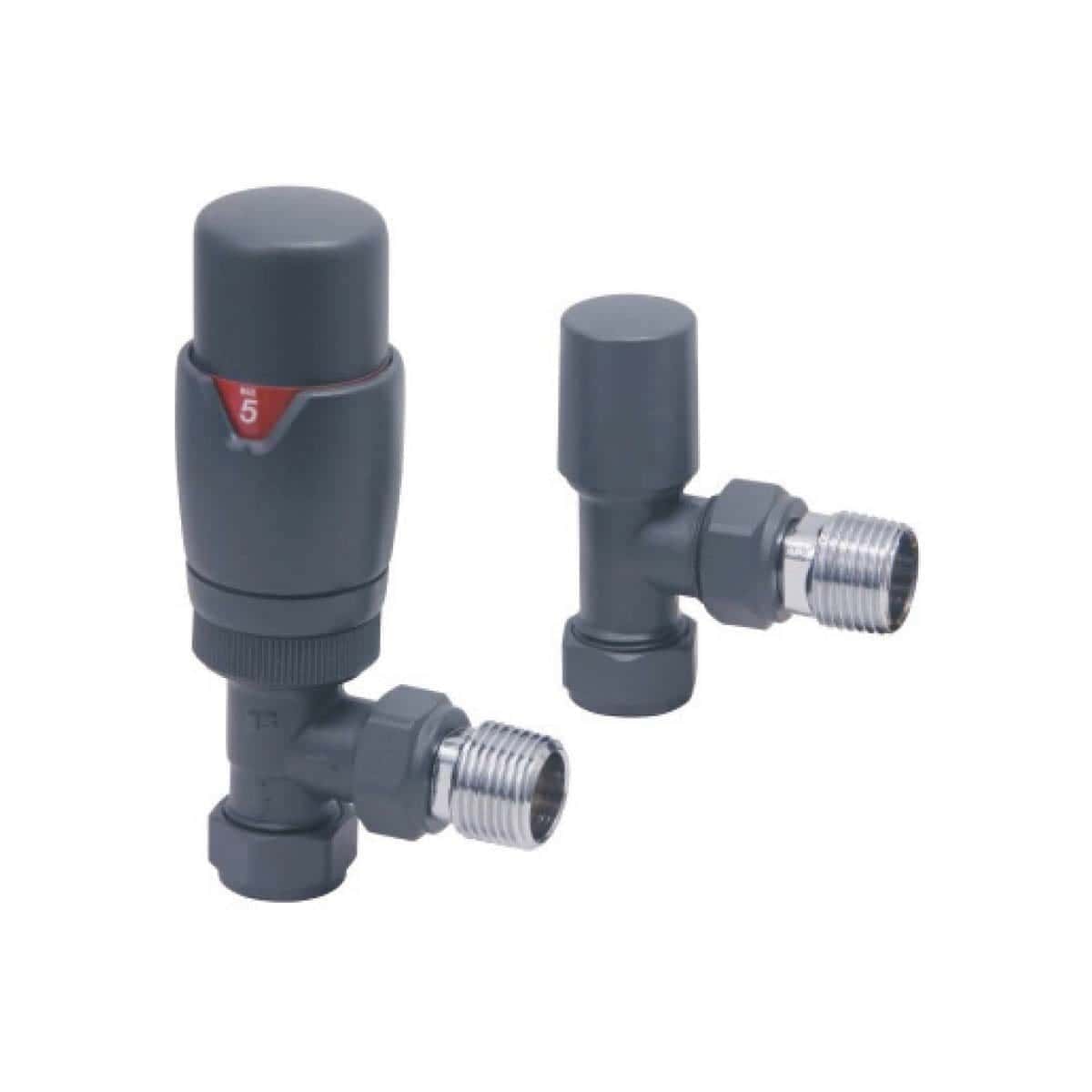 16. Grey radiator thermostatic valve and lockshield valve set for modern bathroom heating systems, adjustable for optimal temperature control.