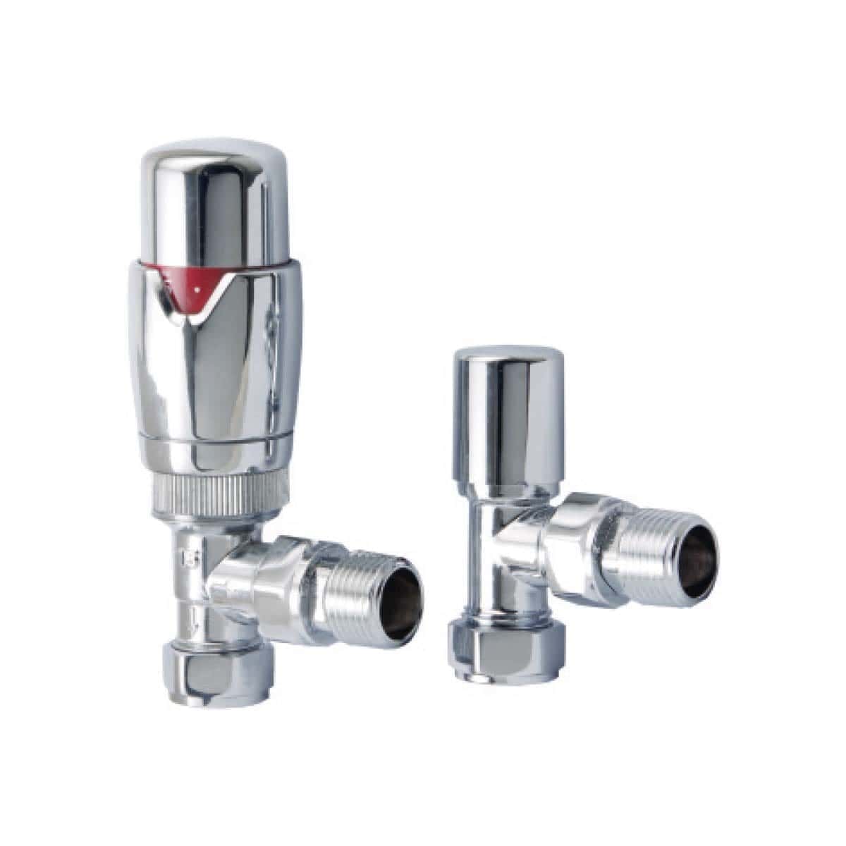 Polished chrome thermostatic radiator valves for bathroom heating control, durable and easy to install – ideal for modern Bubly Bathrooms.