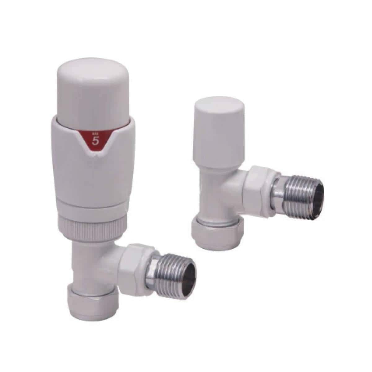 Efficient radiator thermostatic valve and lockshield valve set for modern bathroom heating systems, ensuring precise temperature control and easy installation in Bubly Bathrooms.
