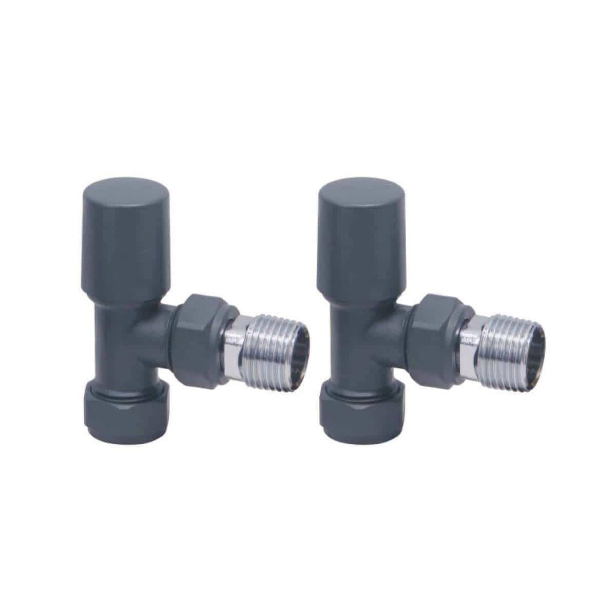 Flexible radiator tail valves for bathroom heating systems, grey plastic with metal fittings, ideal for efficient and adjustable flow control in modern Bubly Bathrooms installations.