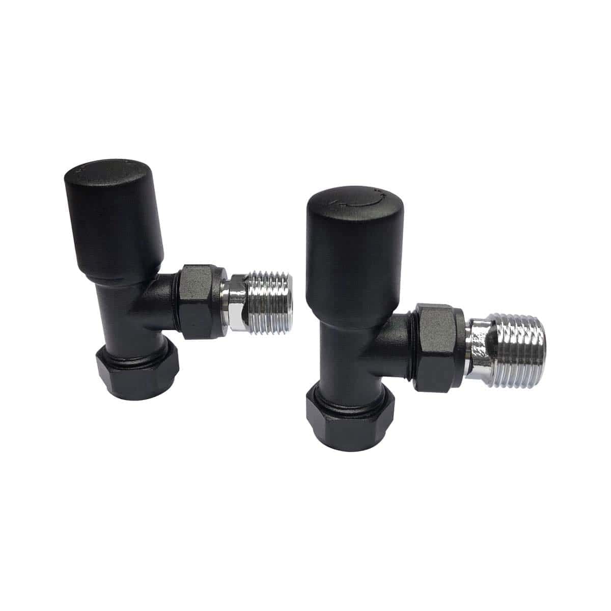 High-quality black radiator valves with manual control, suitable for bathroom heating systems, designed for easy installation and reliable temperature regulation. Perfect for modern bathroom radiators.