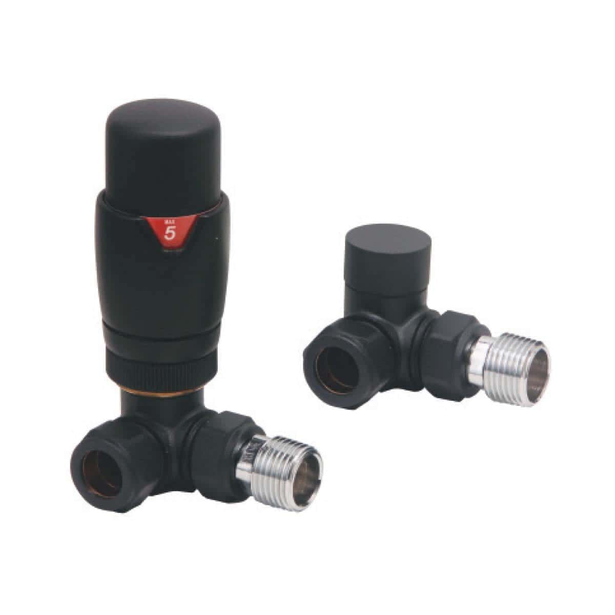 Thermostatic radiator valve with black adjustable control and chrome fittings, ideal for modern bathroom heating systems. Perfect for regulating temperature in Bubly Bathrooms.