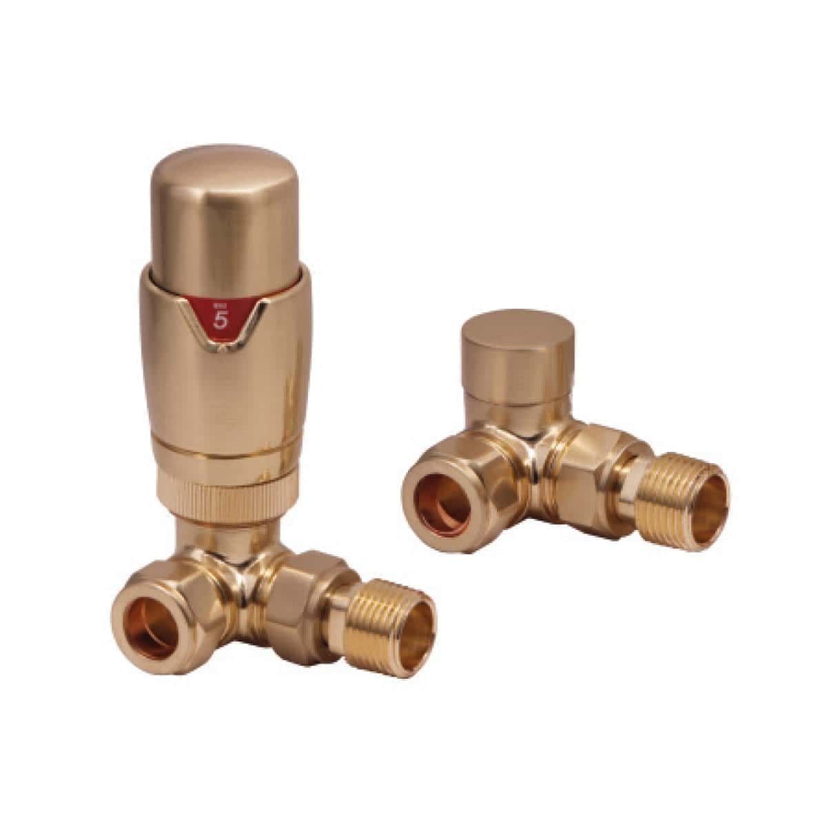 Brass radiator valve set for bathroom heating systems, featuring adjustable thermostatic control. Ideal for modern bathroom radiator installation, ensuring precise temperature regulation and energy efficiency.
