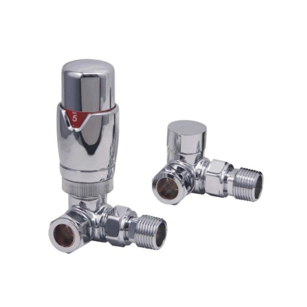 Polished chrome radiator valve set for bathroom heating systems with adjustable temperature control. Durable, stylish, and easy to install, perfect for modern bathroom heating solutions.