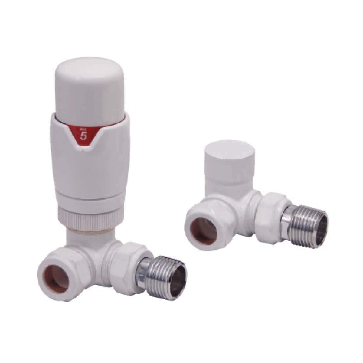Threaded radiator valve and angle stop valve for bathroom plumbing, white plastic fittings for controlling water flow. Ideal for bathroom radiators and fittings, durable and easy to install.