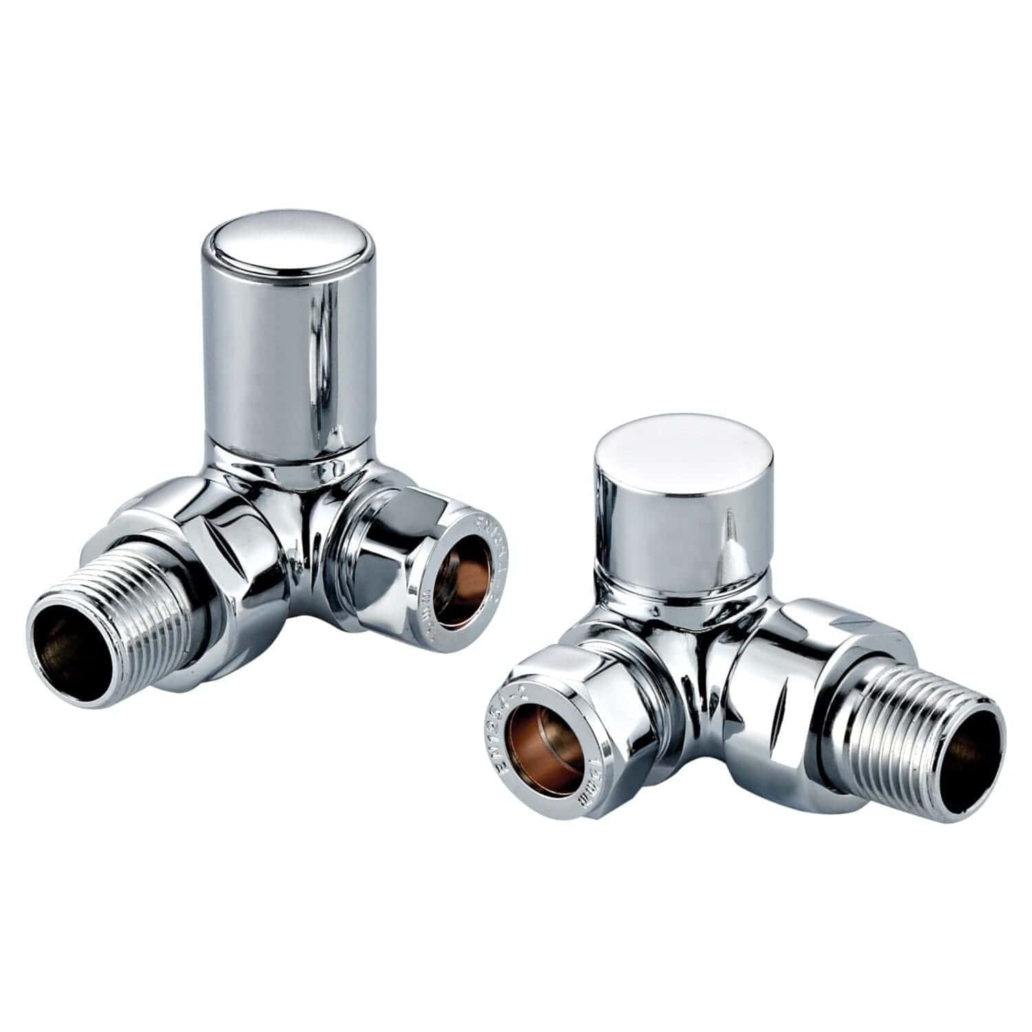 Brass radiator valves with chrome finish for bathroom heating systems, featuring threaded connections for easy installation. Perfect for modern bathroom decor and efficient temperature control.