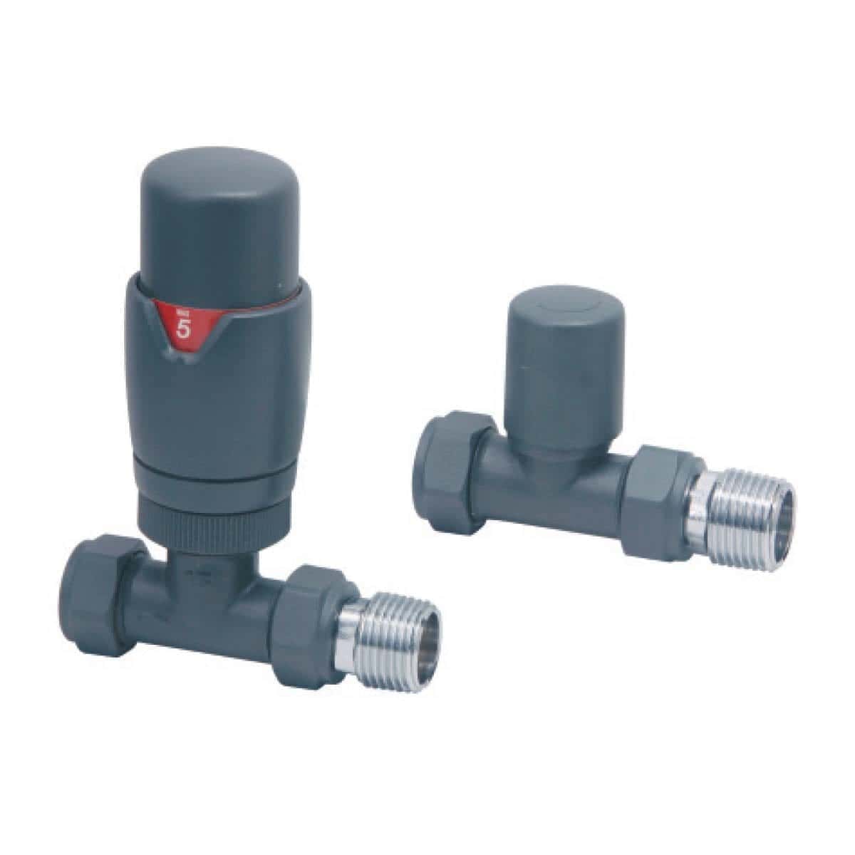 Flexible radiator thermostatic valve sets for efficient bathroom heating control. Durable grey plastic components suitable for Bubly Bathrooms installations, ensuring optimal temperature regulation in modern bathroom designs.