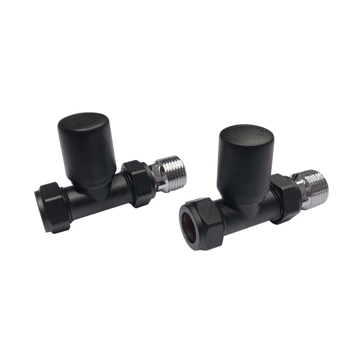 High-quality black radiator valve pair with chrome fittings, ideal for modern bathroom heating systems, providing precise control of radiator temperature and enhancing bathroom aesthetics.