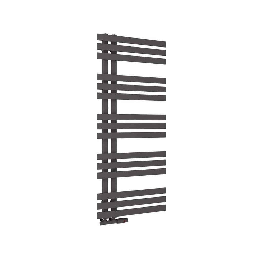 Modern black heated towel rail radiator for bathroom heating and drying towels, sleek design, easy to install, energy-efficient, perfect for contemporary bathroom decor.