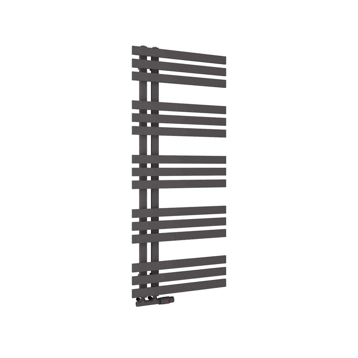 Modern black heated towel rail radiator for bathroom heating and drying towels, sleek design, easy to install, energy-efficient, perfect for contemporary bathroom decor.