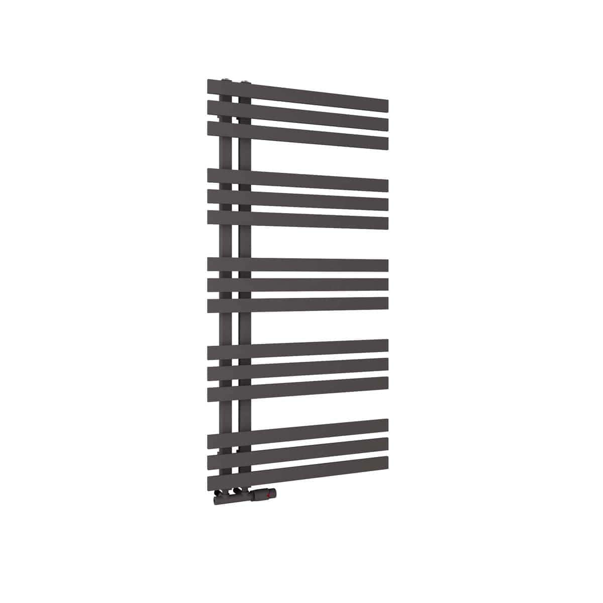 Contemporary black heated towel radiator with multiple horizontal bars, ideal for modern bathrooms, providing efficient warmth and towel drying solutions. Perfect for stylish bathroom heating.