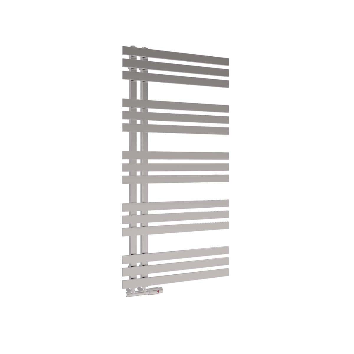 Modern heated towel rail radiator for bathroom heating and towel drying, made of durable chrome-finished metal with horizontal bars, ideal for contemporary bathroom designs.