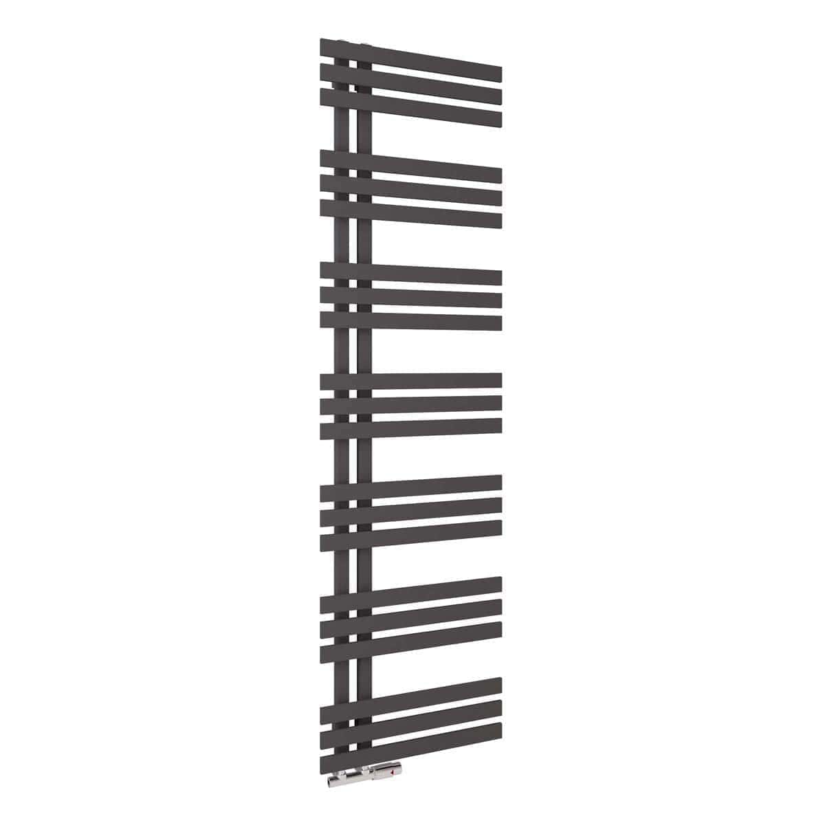 Contemporary black heated towel rail with a modern ladder design, ideal for stylish bathrooms and efficient towel drying. Suitable for heating and towel storage in premium bathroom spaces.