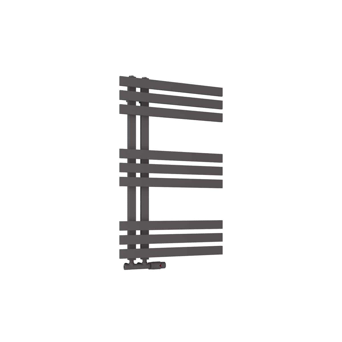 Modern black towel radiator for bathroom heating and towel drying, featuring a sleek, contemporary design with horizontal bars. Ideal for fitting in various bathroom styles, offering efficient warmth and towel organisation.