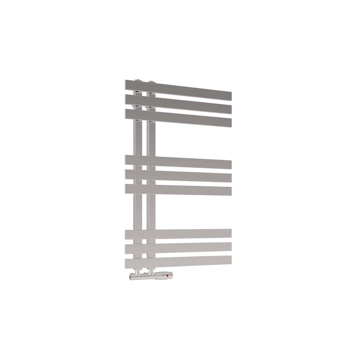 Modern heated towel rail in silver finish, ideal for luxury bathrooms, providing efficient heating and towel drying. Perfect for contemporary bathroom designs by Bubly Bathrooms.