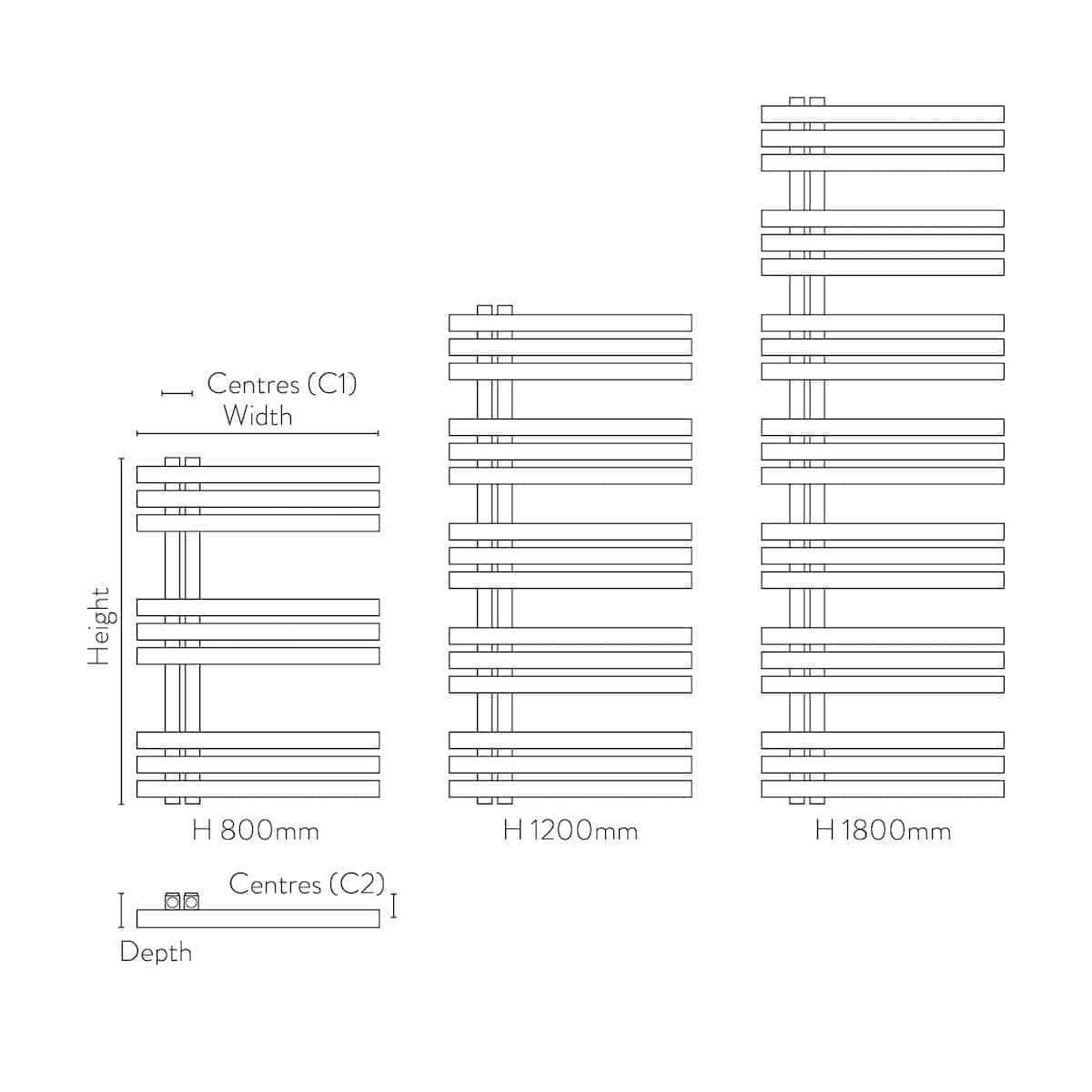 Versatile radiator designs with different heights and widths for modern bathroom heating solutions, featuring centre spacing and depth specifications for custom installation.