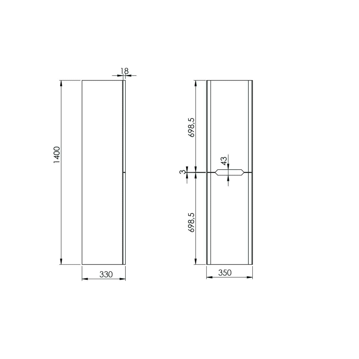 High-quality bathroom cabinet dimensions drawing, showcasing precise measurements of height, width, and internal fittings for bespoke bathroom storage solutions.