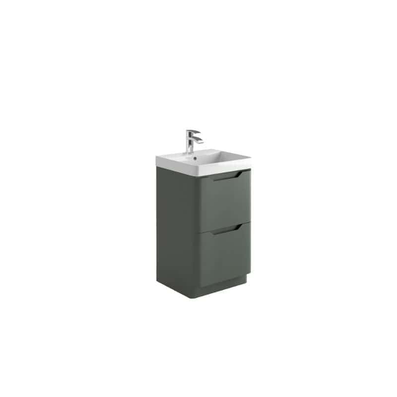 Modern grey bathroom vanity unit with integrated sink and chrome tap, ideal for stylish bathroom upgrades and space-saving storage solutions.