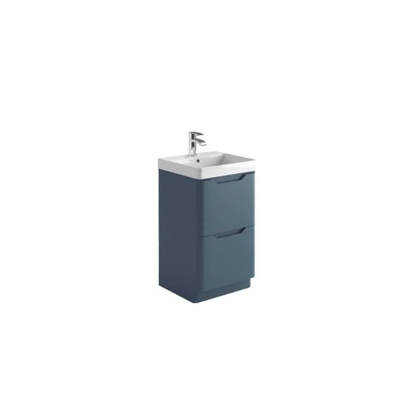 Modern blue bathroom vanity unit with integrated white ceramic sink and chrome tap, ideal for stylish bathroom storage and sink solutions.